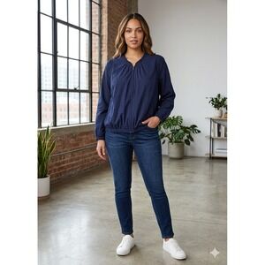 Simply Chloe Dao Bomber Jacket Women 3X Navy Blue Excellent Zip Front Shirred